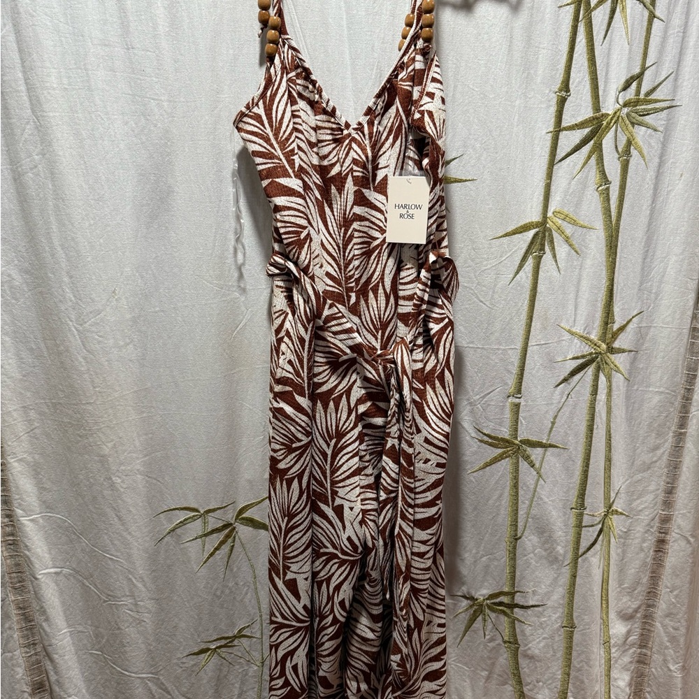 Brown and White Leaf Print Romper